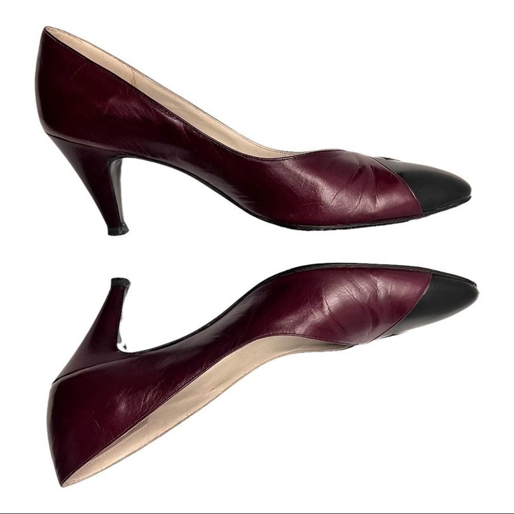 Rayne London Rare 80’s Vintage Custom Wine Red & Black Leather Pumps Size 8.5 AA - Picture 5 of 13
